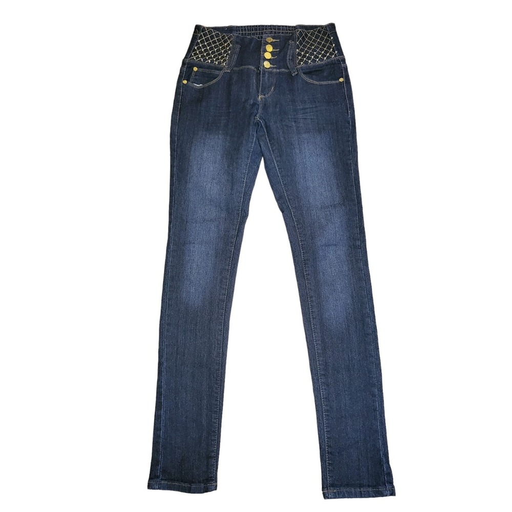 Queen High Waisted‎ Jeans Women Sz 7 Denim Straight Leg Multi Button Rhinestone